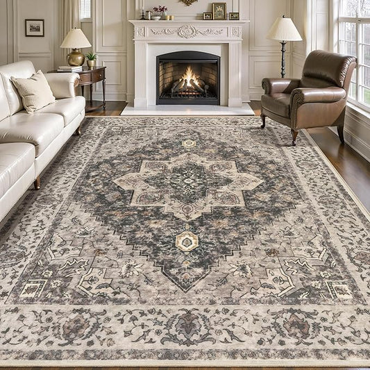 Tangsoo 8x10 Area Rugs for Living Room, 8x10 Washable Rug Vintage Indoor Non Slip Large Area Rugs, Print Distressed Brown/Grey Carpet, Soft Low Pile Foldable Floor for Bedroom Dining Room Dorm