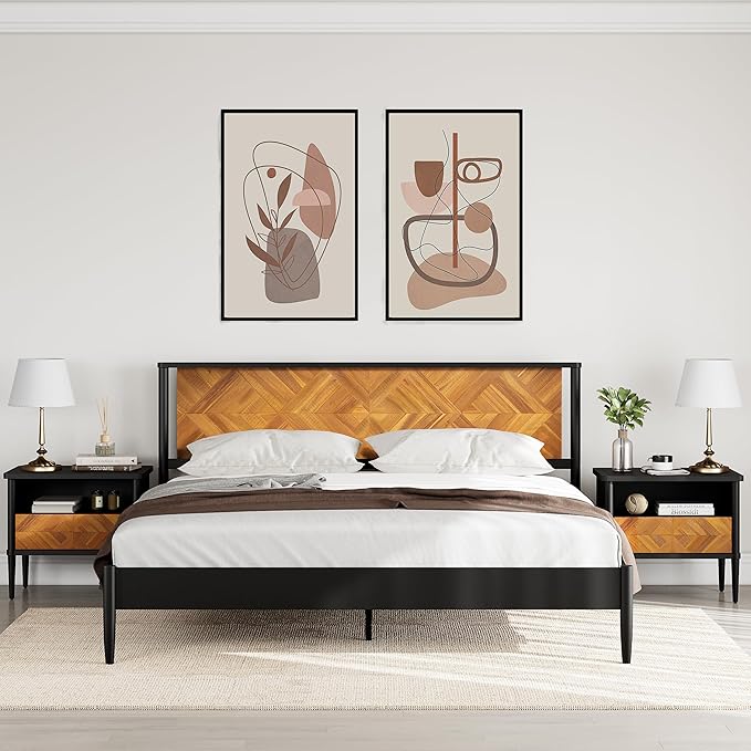 Lenia 14-Inch Queen Size Platform Bed Frame with Headboard – Heavy Duty Acacia Wood, Mid-Century Modern Style, 12 Slats for Support, No Box Spring Needed, Noise-Free, Easy Assembly, Teak Brown