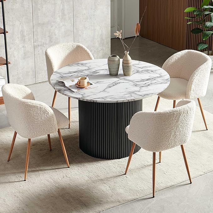 47" Round Kitchen Dining Table Set for 4, Two-Part White Marble Tabletop with Wood Strips, Industrial Home Kitchen Table Set with Off White Sherpa Barrel Dining Accent Side Chairs Comfy