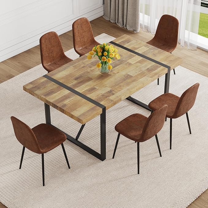 Dining Table Set for 6，Dinner Table Set for 6，71'' Kitchen Table and PU Leather Chairs Set of 6，6 Chair Dining Table Set for Kitchen Dining Room