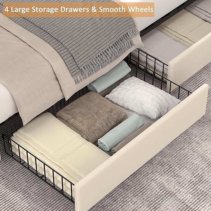 VECELO Full Size Upholstered Platform Bed Frame with 4 Storage Drawers, Adjustable Velvet Headboard Nailhead, Wooden Slats Support, No Box Spring Needed, Easy Assembly