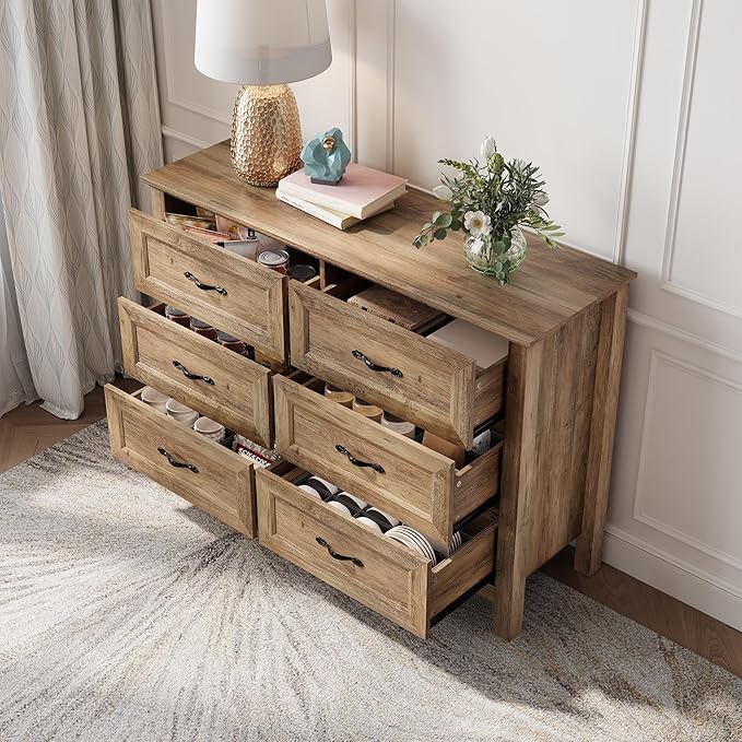 LINSY HOME 6 Drawer Double Dresser for Bedroom, Modern Farmhouse Wide Chest of Drawers, Dressers Organizer for Living Room, Closet, Hallway, Rustic Brown