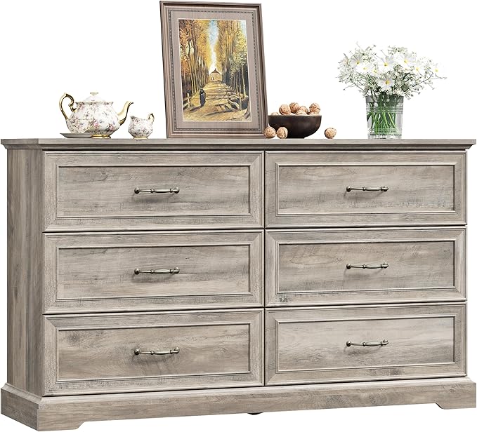 Dresser for Bedroom with 6 Drawer, Farmhouse Dresser for Closet, 53'' Wide Rustic Wooden Chest of Drawers with Natural Wood Texture, Vintage Storage Organizer for Living Room, Hallway, Grey