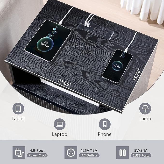 Fluted NightStand with Charging Station, 21.65" Black Nightstand with Drawer/Open Shelves, 2 Drawer Dresser for Bedroom, Morden End Table Bedside Table for Bedroom, Living Room,Black