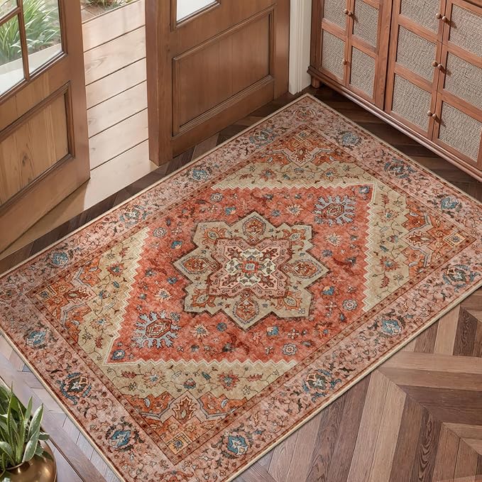 angsoo Vintage 2x3 Washable Rug for Entryway, Non Slip Small Indoor Front Door Rug, Print Distressed Door Mat Carpet, Soft Low Pile Rugs for Entrance Kitchen Bedroom Bathroom