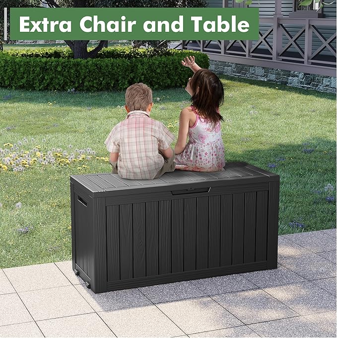 75 Gallon Outdoor Storage Box, Waterproof Resin Deck Box with Lockable Lid, Patio Furniture Side Table & Storage Bin for Package Delivery, Patio Cushions, Garden Tools, Pool Accessories, Black
