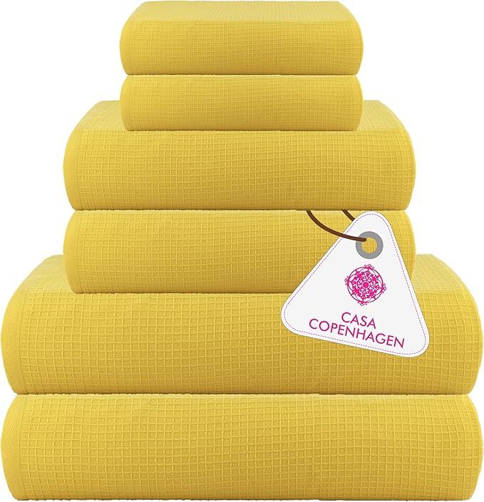 CASA COPENHAGEN Waffle Towel, 6Pieces 100% Cotton Large Towel Set- Butter Yellow, 2Bath 2Hand 2Washcloths Instant Absorb and Dry, Soft Strong Towels for Hotel Spa Kitchen Bathroom & Shower