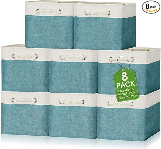 meekoo 8 Pack Collapsible Storage Bins Fabric Storage Bins Polyester Fabric Baskets with Handles Linen Closet Organizer for Shelf Home Closet Towels Toys(15 x 11 x 9.5 in,Cyan White)