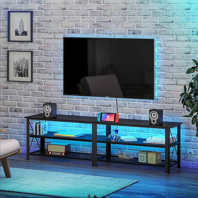 Clikuutory Modern Black 71 inch Metal TV Stand with LED Lights and Power Outlets for 50 60 65 70 75 80 Inch TVs, 3 Tier Television Stands with Entertainment Center and Storage for Living Room, Bedroom