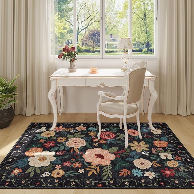 DUKINO 4x6 Feet Office Chair Mat, Lightweight Non Slip Washable Floral Area Rug, Indoor Low Pile & Non-Shedding Boho Design Rugs for Bedroom, Living Room, Dining Room, Black