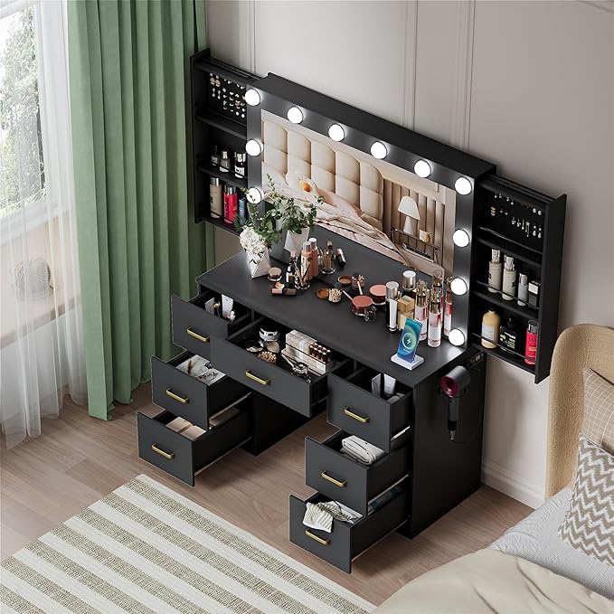 Black Makeup Vanity Desk with Lighted Mirror & Power Outlet,3 Color Modes, Brightness Adjustable,Vanity Table with Drawer,Sliding 2 Storage Wall-Mounted Jewelry,4 Shelves for Bedroom