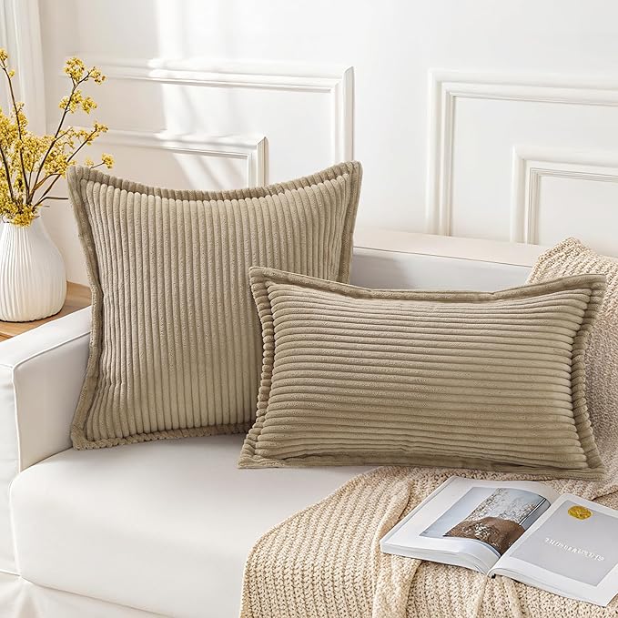 Mecatny Corduroy Throw Pillow Covers 16x16 Set of 2, Neutral Decorative Soft Boho Couch Pillow Covers with Broadside for Sofa Living Room, Khaki