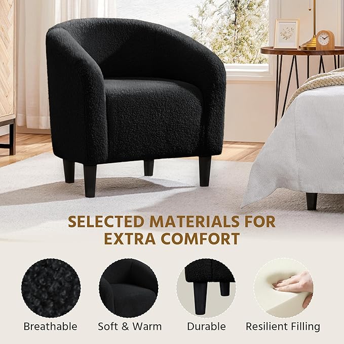 Yaheetech Accent Barrel Chair, Boucle Fabric Club Chair, Furry Sherpa Elegant Armchair with Cozy Soft Padded, Suitable for Living Room Bedroom Reception Room Office, Black