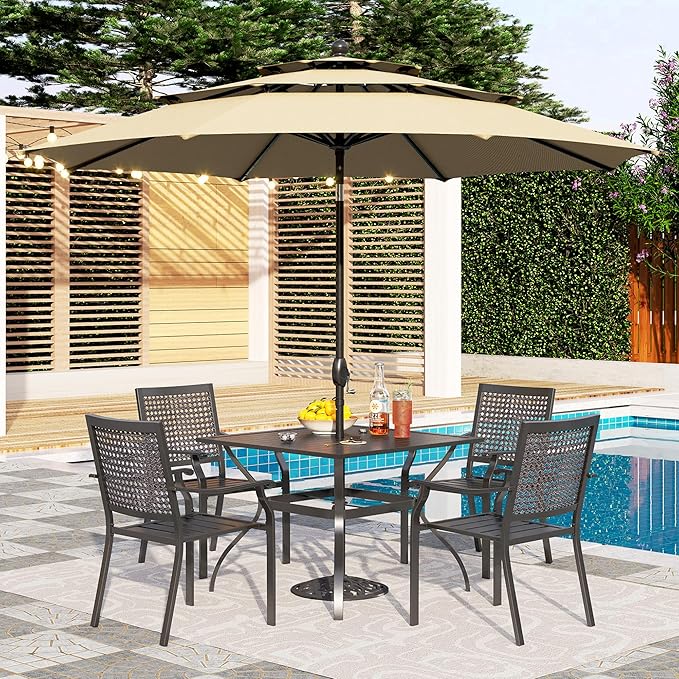 PHI VILLA 5-Piece Outdoor Meal Set for 4: Square Wrought Iron Table & Stackable Chairs, Heavy-Duty Dining Furniture for Patio, Deck, Backyard, Porch