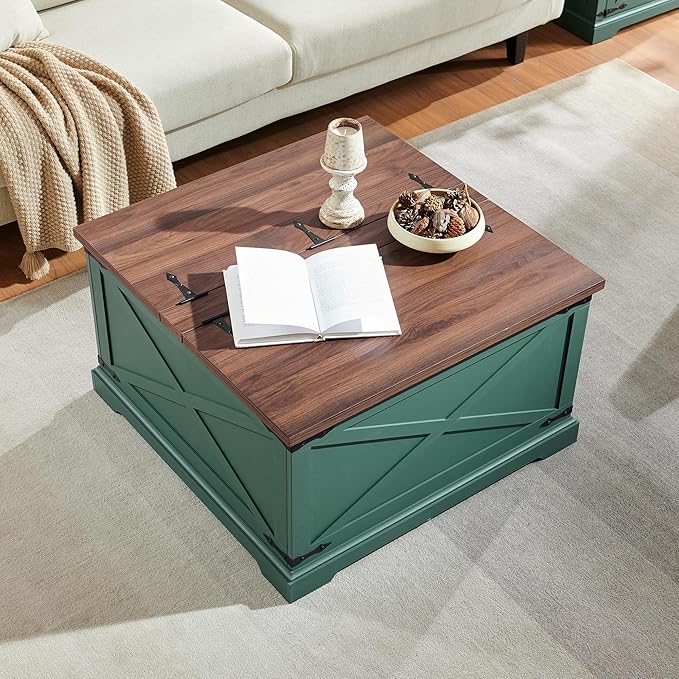Farmhouse Square Coffee Table with Storage, Wood Center Table with Hinged Lift Top, Rustic Cocktail Table with Large Hidden Storage Compartment for Living Room, Bedroom,Green