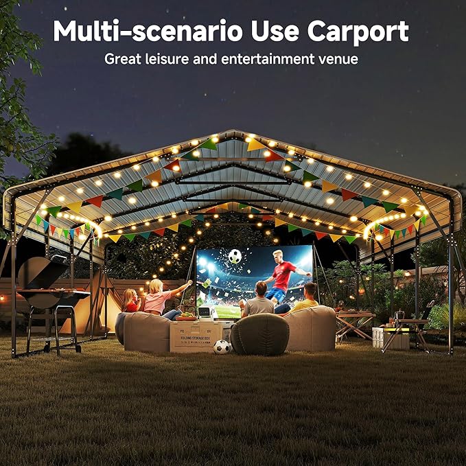 Heavy Duty Metal Carport, 20 x 20FT Outdoor Carport with Galvanized Steel Frame and Roof, Multi-Use Car Shelter for 2 Cars, Pickup, Tractors, Gray