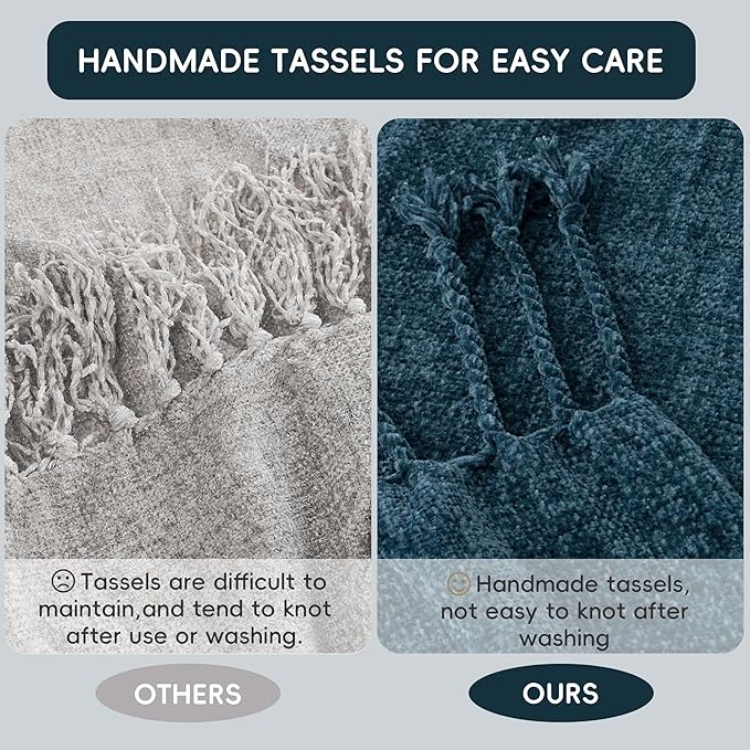 BATTILO HOME Navy Blue Throw Blanket for Couch, Bed, Sofa - Soft Cozy Chenille Throw with Fringe Tassels, Lightweight Knit Throw for Home Decor, 50"x60"