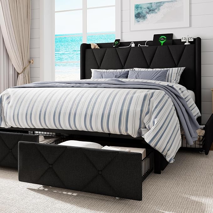 Queen Bed Frame with 4 Storage Drawers, Upholstered Platform Bed with Charging Station, Modern Wingback Storage Headboard, Easy Assembly,Noise-Free, Black