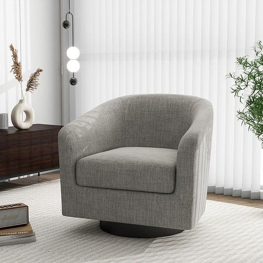 Swivel Barrel Accent Chair, Modern Round Linen Arm Chair for Living Room, Bedroom, Comfy Club Reading Chairs for Adults（Linen Fabric, Khaki, Set of 1