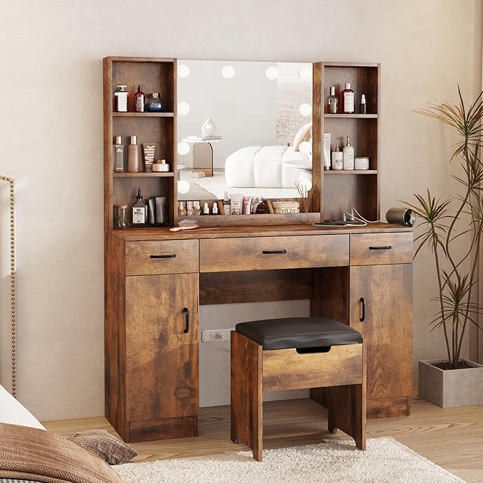 Makeup Vanity Table with Lighted Mirror & Outlets, Large Vanity Set Vanity Desk with Lots of Storage, 3 Lighting Modes, Brightness Adjustable, 45inch