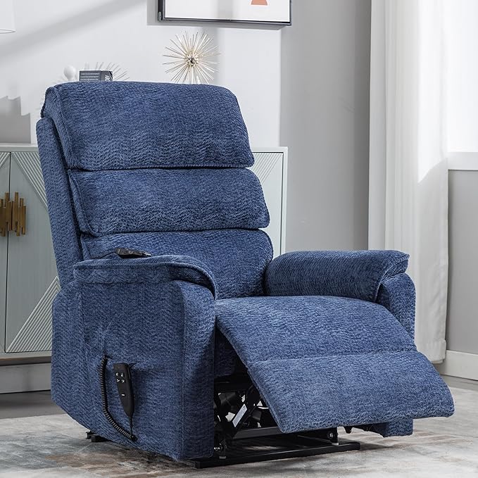 Electric Lift Chair with Heat and Massage, Dual Motor Recliner Lift Chair with Infinite Position, 72.4in Long Big and Tall Recliner, Blue Extra Wide Recliner, Chenille Fabric