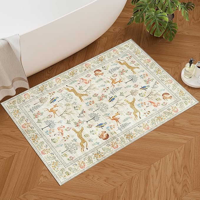 DUKINO 2x3 Rug, Washable Animal Rugs for Entryway, Non Slip Indoor Door Mat, Soft Low Pile Small Area Carpet for Entrance, Bedroom, Kitchen, Laundry, Bathroom, Beige