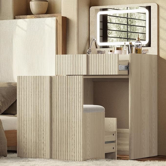 24" Vanity with Chair, Makeup Vanity Desk with Lights and Flip Top Mirror, Compact Vanity with 2 Drawers, Reinforced Legs, Whitewashed Oak