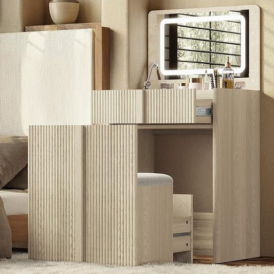 24" Vanity with Chair, Makeup Vanity Desk with Lights and Flip Top Mirror, Compact Vanity with 2 Drawers, Reinforced Legs, Whitewashed Oak