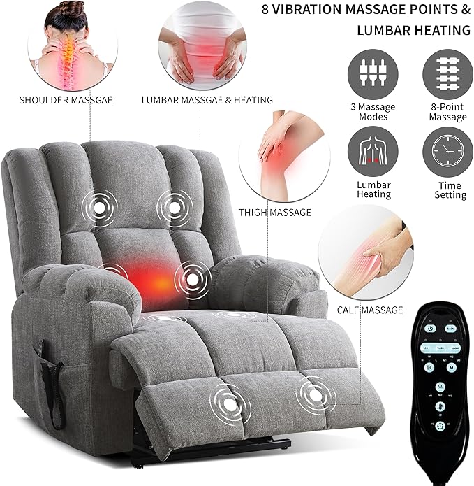 Luxlen Power Lift Recliner Chair for Elderly, Heat Massage Recliners, Dual Motor Oversized Lift Chair, Medium-Firm Electric Lift Recliners with Remote - Greyish