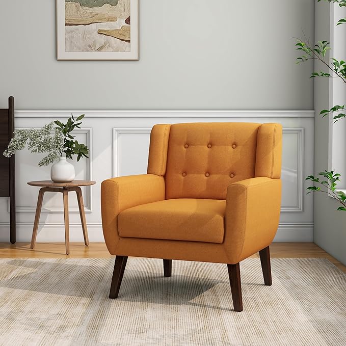 Accent Chair, Mid-Century Modern Fabric Chairs with Arms for Living Room, Comfy Upholstered Club Single Sofa Armchair for Bedroom Waiting Room with Solid Wood Frame (Fabric Orange, Set of 1)