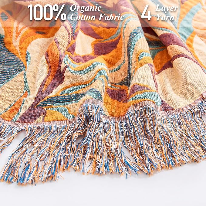 Boho Throw Blanket for Bed-100% Cotton Soft Breathable Farmhouse Decor Boho Quilt for Sofa (Flowers Tulips, 90"x98")
