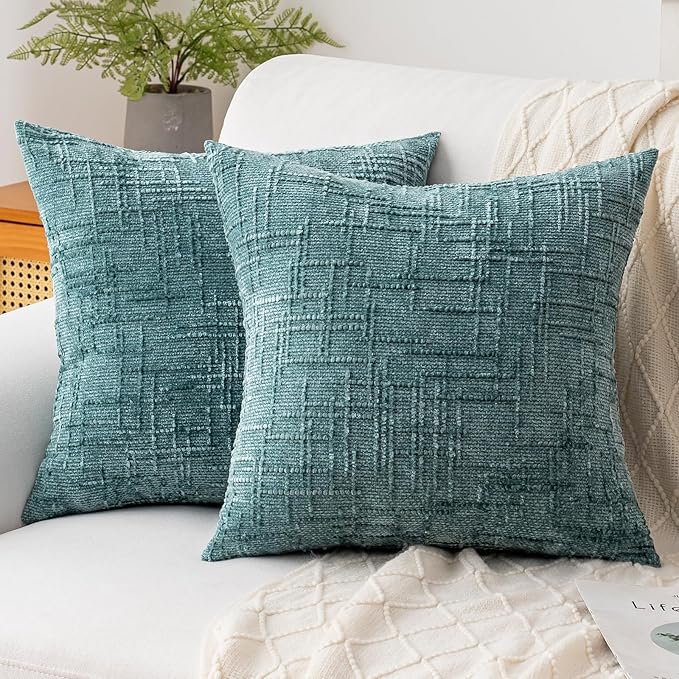 Decorative Throw Pillow Covers 20x20 Inch Set of 2, Soft Solid Farmhouse Chenille Couch Pillows, Spring Pillow Covers for Couch Sofa Bed Living Room Home Decor Pillowcase, Teal