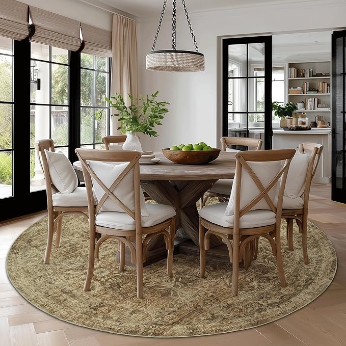 FMFUNCTEX 8ft Round Washable Area Rug Brown Vintage Neutral Distressed Large Non Slip Carpet for Living Room Bedroom Soft Low Pile Indoor Mat Retro Floral Throw Rug for Dining Kitchen Office Nursery