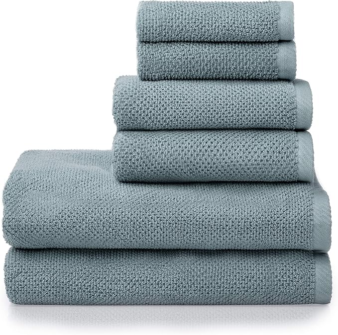 Welhome Franklin 100% Cotton Popcorn Textured Towel Set - 6 Piece 600 GSM, Soft & Plush, 2 Bath Towels, 2 Hand Towels, 2 Washcloths, Dusty Blue
