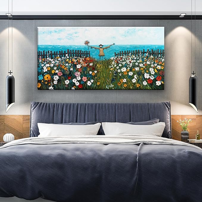 Wall Art For Living Room Painting Blue Sea Abstract Wall Art Colorful Flowers Canvas Art Wall Decor Scarecrow Landscape Artwork Bedroom Dining Room Home Office Modern Artwork Home Decoration 24"X48"