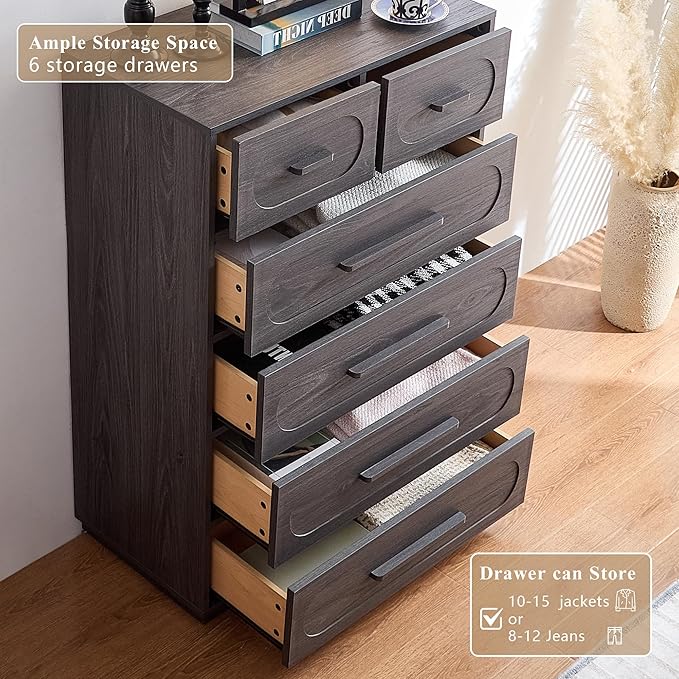 Grey 6 Drawer Dresser for Bedroom, 44" Tall Dresser & Chest of Drawers with Solid Wood Handle, Large Wood Storage Dressers Organizer for Bedroom, Living Room