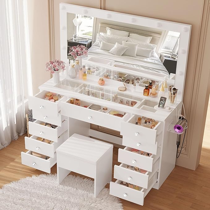 IRONCK 46'' Makeup Vanity Set with LED Mirror & Power Outlet - 11 Drawers, Glass Top, Hair Dryer Rack, Dressing Table with Storage Bench for Bedroom, 3 Lighting Color Adjustable, White