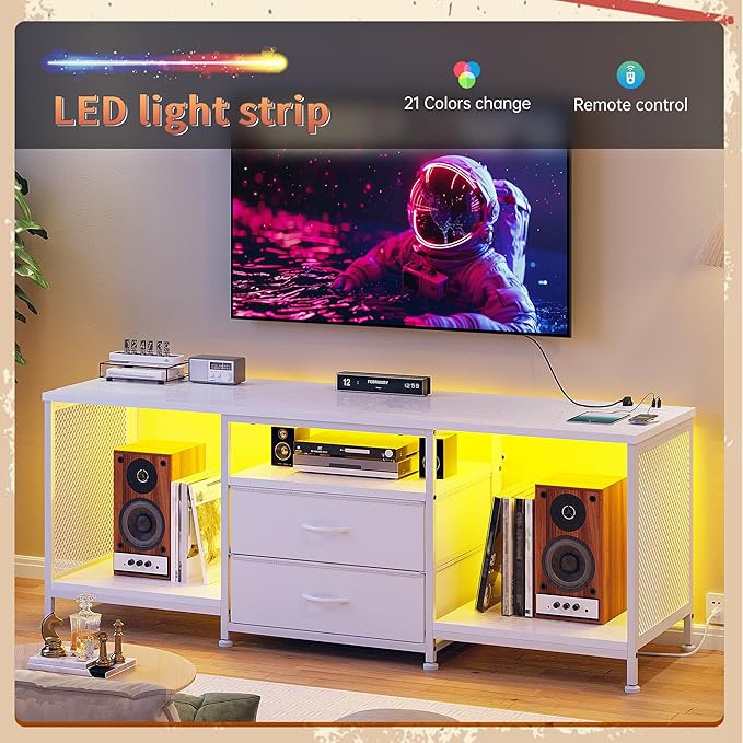 55" W TV Stand for Bedroom with LED Lights & Power Outlets Dresser TV Stand with 2 Drawers for 65" TV with Open Storage Shelves