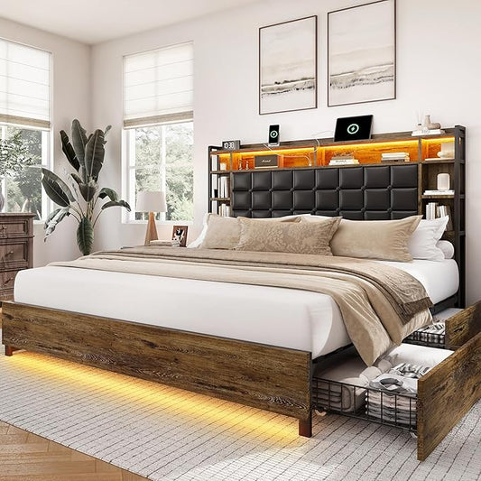 King Size Bed Frame with Charging Station and LED Lights Wooden Platform Bed Frame with 4 Storage Drawers and Bookcase Headboard, Faux Leather Upholstered, No Box Spring Needed, Brown