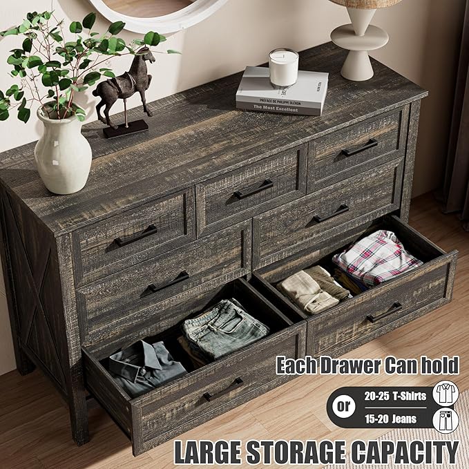 LYNSOM Farmhouse 7 Drawers Dresser for Bedroom, Wood Rustic Wide Chest of Drawers with Deep Drawers, Metal Handle, Storage Dressers Organizer for Entryway, Hallway, Dark Rustic Oak