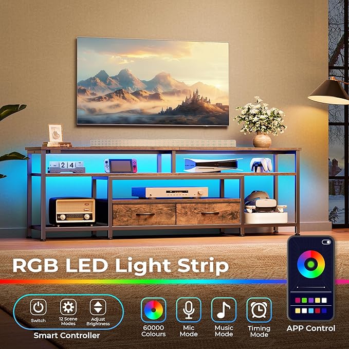 Huuger TV Stand for 65, 70 Inch TV, Entertainment Center with Power Outlets and LED Lights, TV Console for Living Room, Media Console with Drawers and Shelves, Rustic Brown