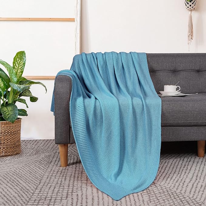 PiccoCasa 100% Cotton Knit Throw Blanket,Solid Lightweight Decorative Throws and Blankets,Soft Knitted Throw Blanket for Sofa Couch, Horizon Blue 50" x 60"