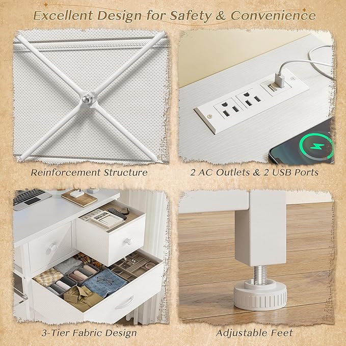 EnHomee Dresser for Bedroom with LED Lights & Power Outlets Tall Dresser with 8 Drawers Fabric Dressers & Chests of Drawers for Bedroom, Closet, Sturdy Metal Frame, Acrylic Plates (White)