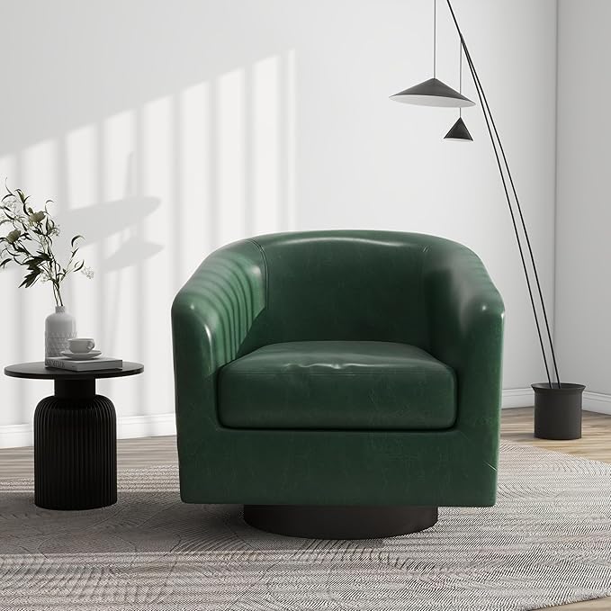 Swivel Barrel Accent Chair, Modern Round Faux Leather Arm Chair for Living Room, Bedroom, Comfy Club Reading Chairs for Adults(Faux Leather, Green, Set of 4)