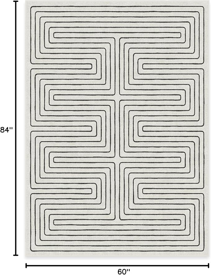 RUGGABLE x Jonathan Adler Machine Washable Modern Area Rug – Labyrinth Black/Ivory 5x7, Stain-Resistant, Non-Slip – Medium Rugs for Living Room, Bedroom, Hallway, Entryway & Office–with Standard Pad