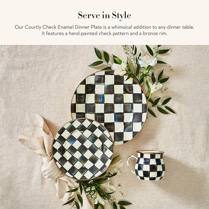 MACKENZIE-CHILDS Enamel Dinner Plate, Decorative Dinnerware Plate, 10 Inches, Set of 4, Black-and-White Courtly Check