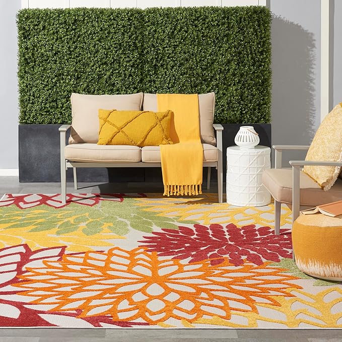 Nourison Aloha Indoor/Outdoor Red Multi Colored 7' x 10' Area Rug, Tropical, Botanical, Easy Cleaning, Non Shedding, Bed Room, Living Room, Dining Room, Deck, Backyard, Patio (7x10)