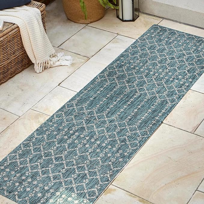 JONATHAN Y SMB108C-28 Ourika Moroccan Geometric Textured Weave Indoor Outdoor Runner Rug, Bohemian, Rustic, Scandinavian Easy Cleaning,Bedroom,Kitchen,Backyard,Patio,Non Shedding, Teal/Gray, 2 X 8
