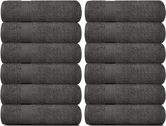 White Classic Resort Collection Soft Washcloth Face & Body Towel Set | 12x12 Luxury Hotel Plush & Absorbent Cotton Washclothes [12 Pack, Charcoal]