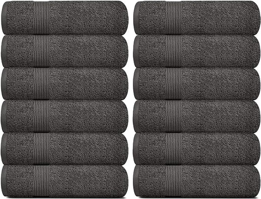 White Classic Resort Collection Soft Washcloth Face & Body Towel Set | 12x12 Luxury Hotel Plush & Absorbent Cotton Washclothes [12 Pack, Charcoal]